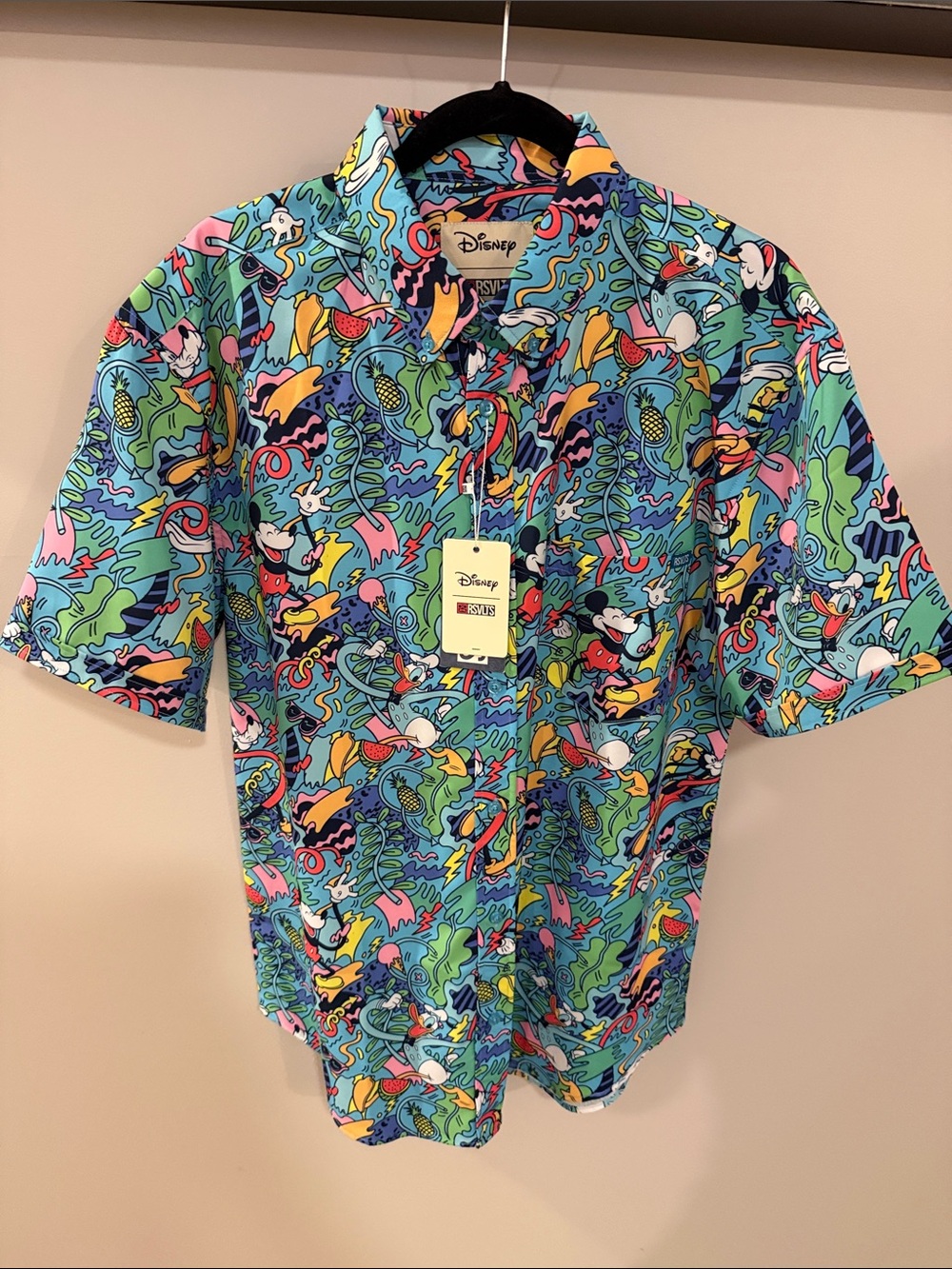 Disney Short Sleeve Button-Up Shirt in Blue, Green, Pink